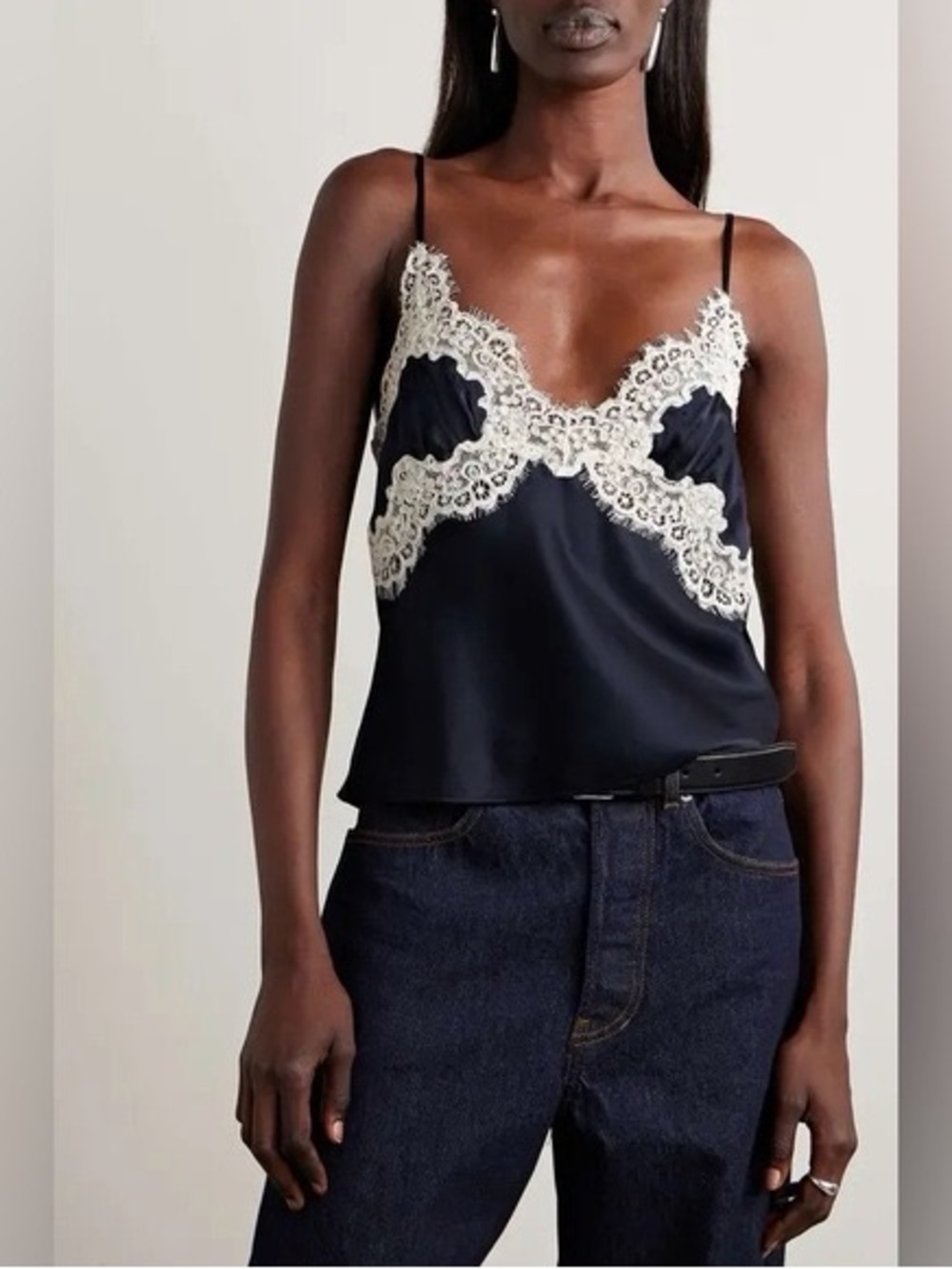 Doen Navy Silk Lace-Trim Cami neria tank